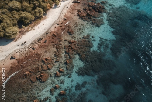 Aerial view of sandy beach and coral reefs captured by drone. Generative AI