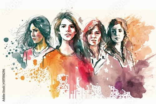 llustration in watercolor style of a happy women's group. Ai generative.