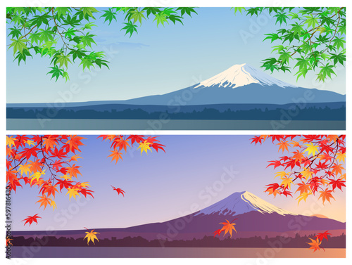 View of Mount Fuji. The change of seasons. Autumn branches with maple leaves. Cherry blossoms,. Khans. Winter night landscape. Summer lush greenery on the background of a volcano. Vector.