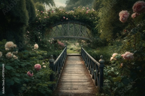 Victorian garden with roses, bridge, lilies. Fantasy English countryside. Generative AI © Isadore