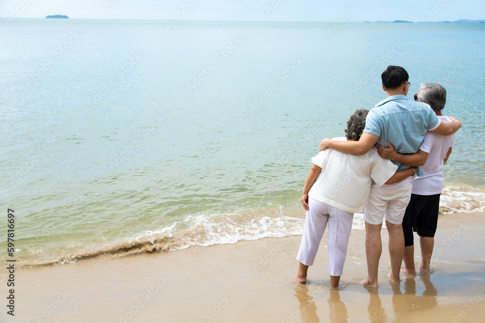 Happy asian family on the beach summer vacation. Vacation summer beach holidays background