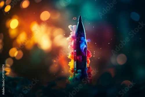 Gorgeous rocket silhouette takes off amidst vibrant bokeh hues. Generative AI
