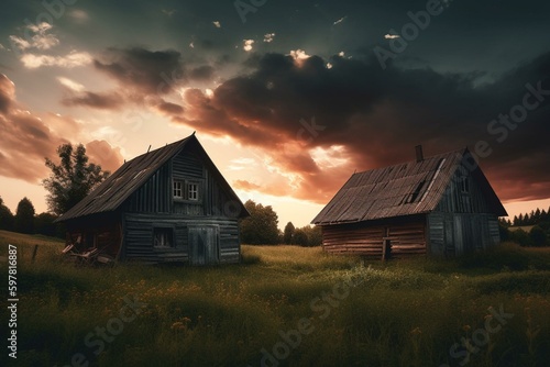 Two barns beneath the summertime evening sky. Generative AI