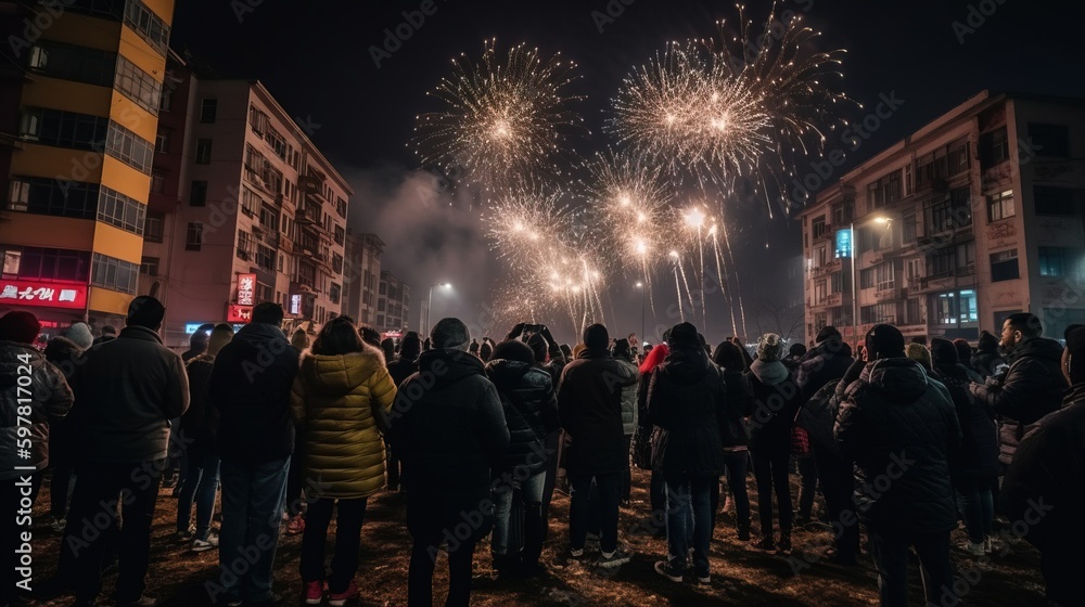 A gathering of celebrants awaiting the dawn of the new year, with a dazzling exhibition of fireworks lighting up the night sky. Generative AI