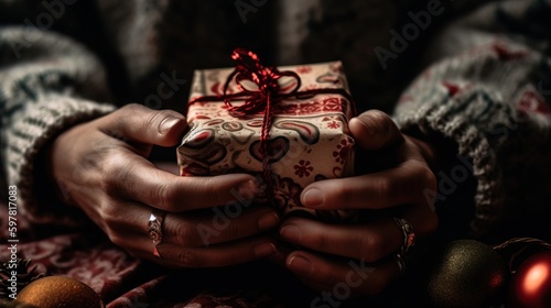 Close-up of a person s hands holding a wrapped Christmas gift. Generative AI