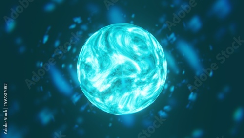 Fotografia Abstract background colorful sphere made of cyan neon glow hi-tech sci-fi futurisctic energy in dark space with blur bokeh glare dots