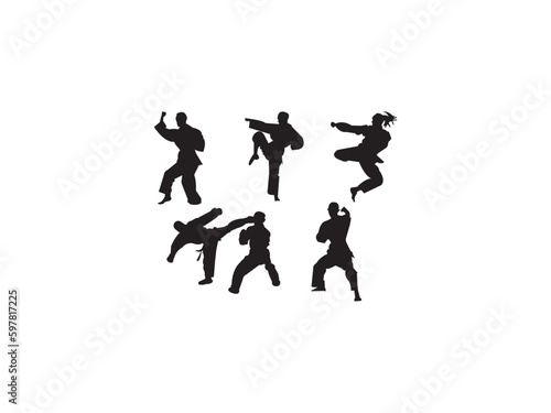 
Karate player silhouette vector. karate silhouettes. karate taekwondo kung fu silhouette kick and technic vector illustration.