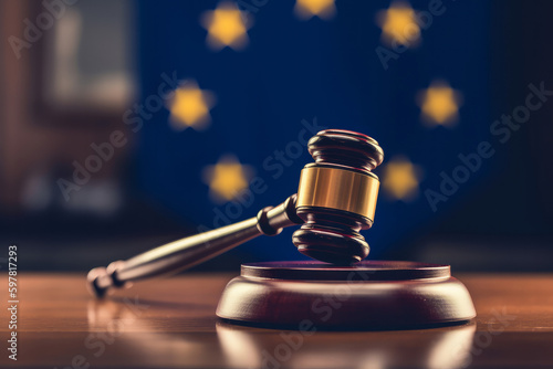 A judges gavel hammer with a European Union flag. Europe law and order. Generative ai