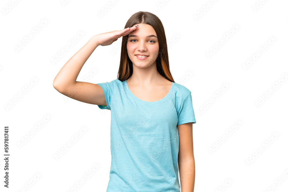 Teenager girl over isolated chroma key background saluting with hand with happy expression Teenager girl over isolated chroma key background saluting with hand with happy expression