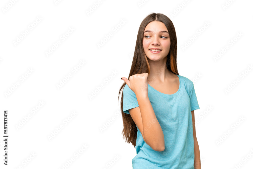 Teenager girl over isolated chroma key background pointing to the side to present a product Teenager girl over isolated chroma key background pointing to the side to present a product