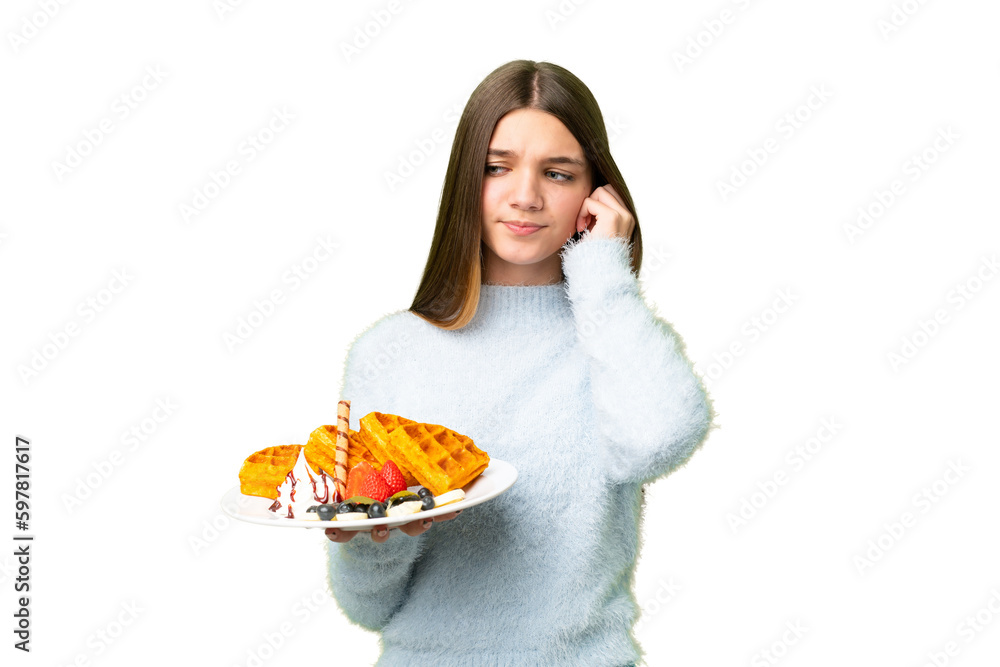 Teenager girl holding waffles over isolated chroma key background frustrated and covering ears Teenager girl holding waffles over isolated chroma key background frustrated and covering ears
