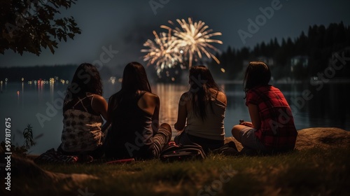 A group of friends enjoying a Canada Day fireworks display in a park. Generative AI photo