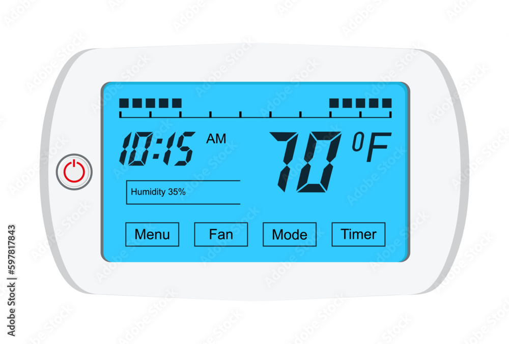 Thermostat vector. Controller with screen for floor, house heating, fan. Electronic thermostat controls and regulates temperaturein appartment remotely. Thermostat vector. Controller with screen for floor, house heating, fan. Electronic thermostat controls and regulates temperaturein appartment remotely.