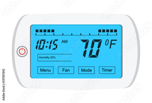 Thermostat vector. Controller with screen for floor, house heating, fan. Electronic thermostat controls and regulates temperaturein appartment remotely.