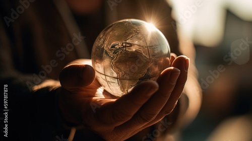 Closeup shot of hands holding a globe, symbolizing the need for global cooperation on WorldEnvironment Day. Generative AI photo