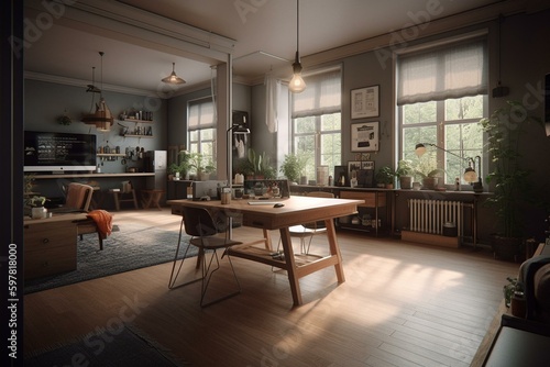 Image of a home interior with a functional work area. Generative AI