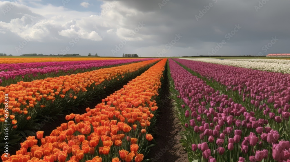 Colorful open field with beautiful tulips. Generative AI