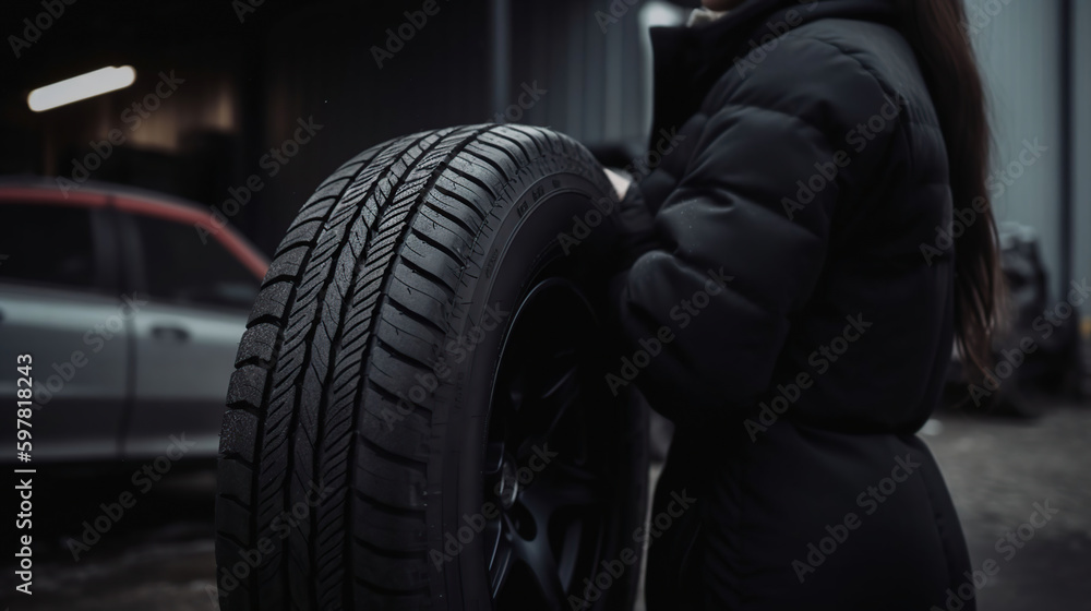 custom made wallpaper toronto digitalwomen Mechanic holding a tire tire at the repair garage. replacement of winter and summer tires, generative ai