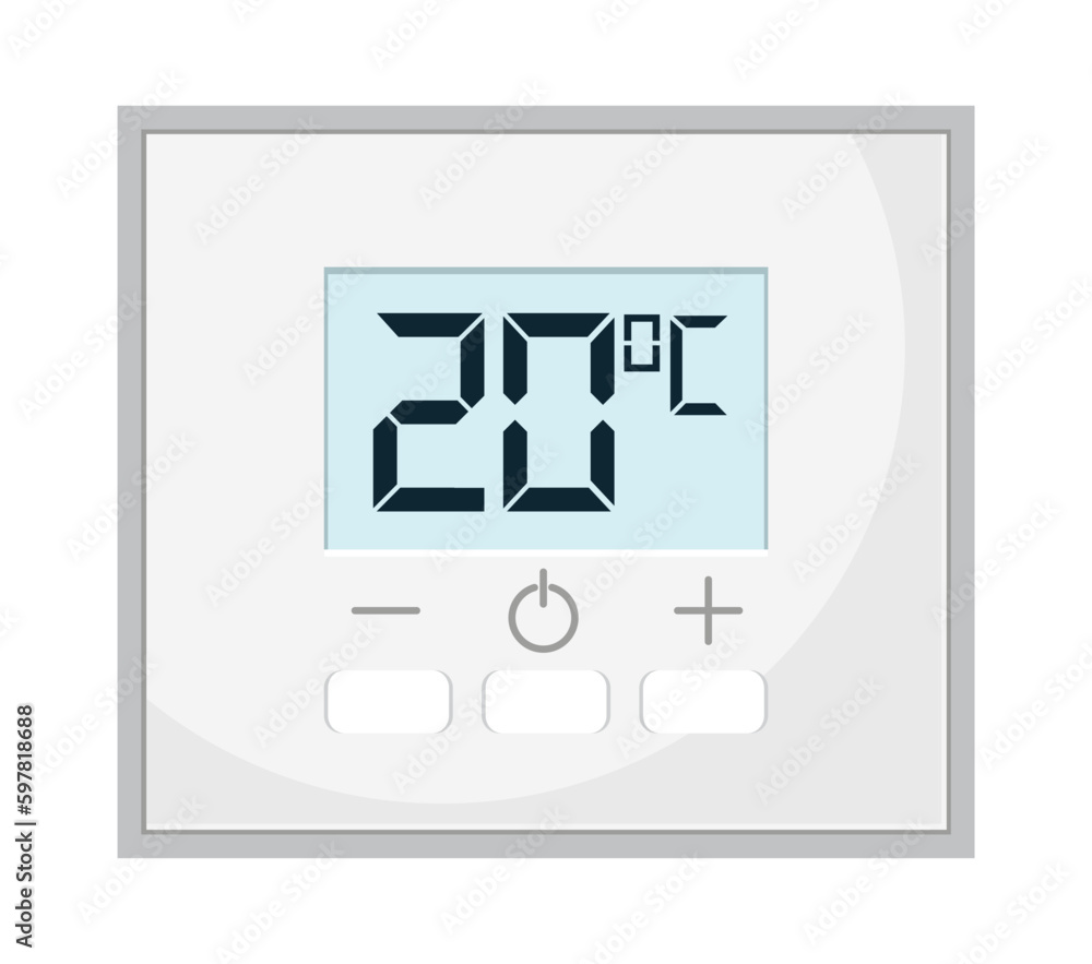 Thermostat vector. Controller with screen for floor, house heating, fan. Electronic thermostat controls and regulates temperaturein appartment remotely. Thermostat vector. Controller with screen for floor, house heating, fan. Electronic thermostat controls and regulates temperaturein appartment remotely.