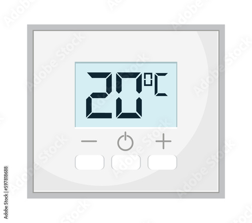 Thermostat vector. Controller with screen for floor, house heating, fan. Electronic thermostat controls and regulates temperaturein appartment remotely.