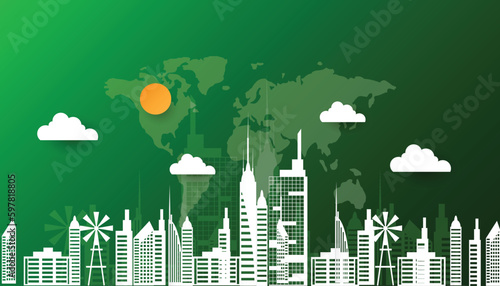 city park clean electric energy from solar panels renewable sources sun and wind.green art design landscape with building and trees.concept of eco earth day and wold environment day. vector