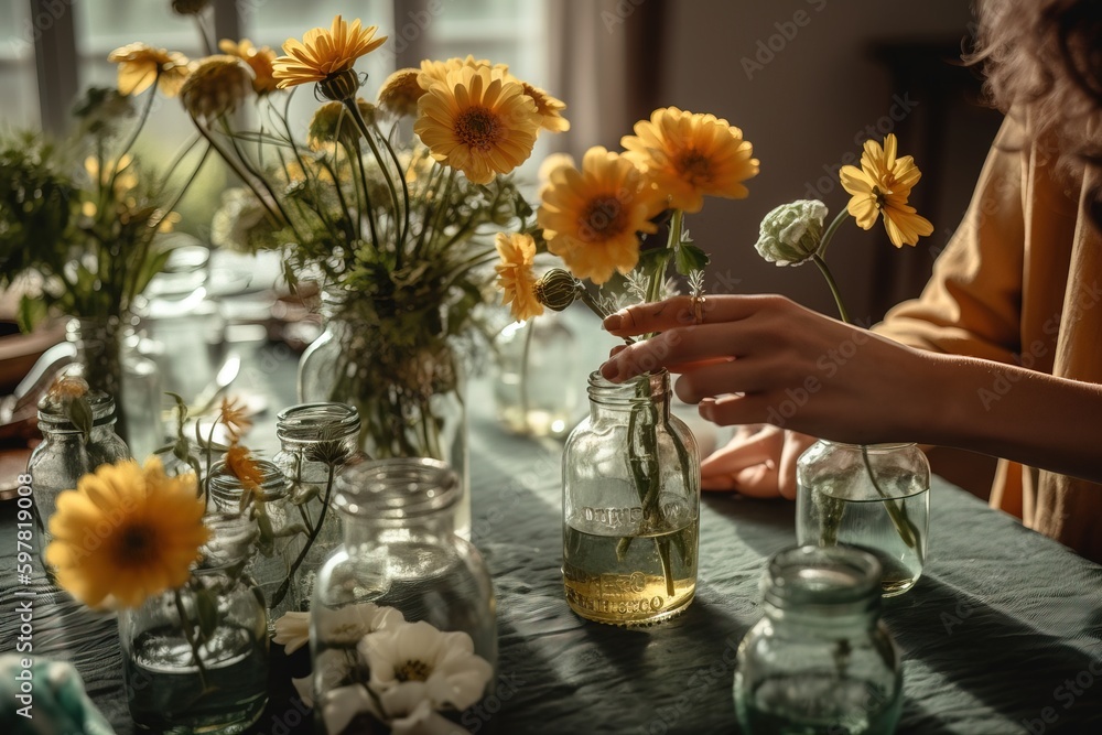 Closeup shot of a person placing a recycled glass vase filled with fresh flowers on their dining table, showcasing their eco-friendly home decor choices. Generative AI