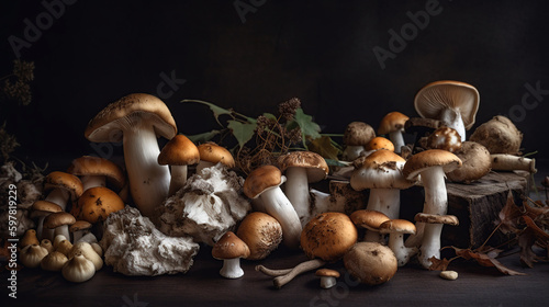 Variety of uncooked wild forest mushrooms. Generative ai