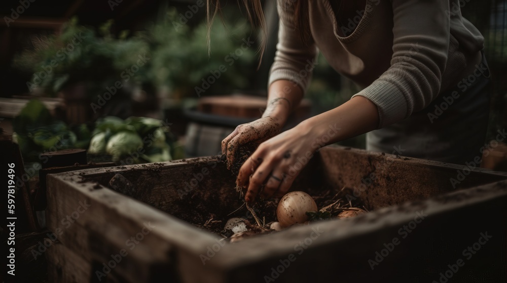 Woman adding vegetable scraps to a compost bin in her backyard, with a focus on her handstand the compost materials. Generative AI Woman adding vegetable scraps to a compost bin in her backyard, with a focus on her handstand the compost materials. Generative AI
