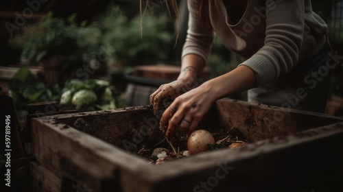 Woman adding vegetable scraps to a compost bin in her backyard, with a focus on her handstand the compost materials. Generative AI © 22Imagesstudio