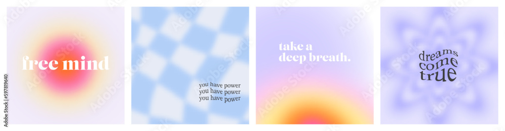 Set of trendy blur gradient illustration with positive happy quote and motivational love text. Vintage y2k pastel color banner collection for social media post. Minimalist blurred abstract poster. - obrazy, fototapety, plakaty 