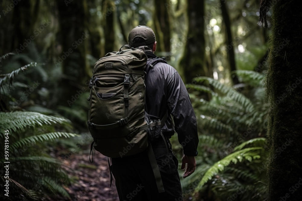 A backpacker walking along a forest trail with a large backpack, surrounded by lush greenery. Generative AI
