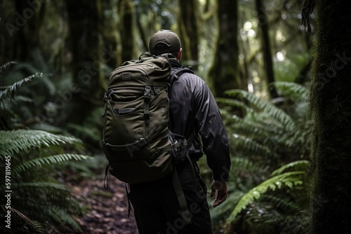 A backpacker walking along a forest trail with a large backpack  surrounded by lush greenery. Generative AI