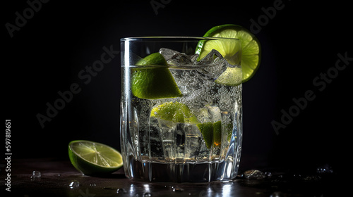 Cold cocktail with lime, tonic, vodka and ice on dark background, generative ai