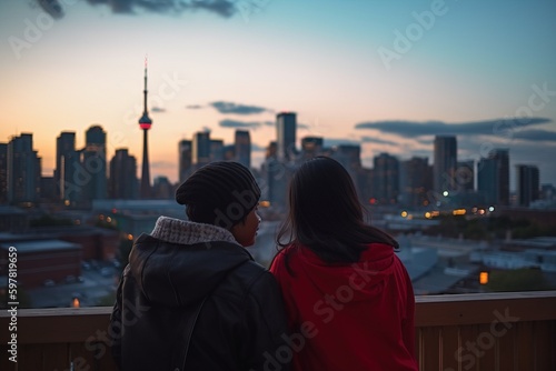Couple gazing at a stunning city skyline from a rooftop terrace during sunset, with soft, warm light adding romantic atmosphere. Generative AI