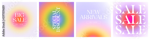 Set of trendy blur sale template illustration. Vintage y2k pastel color banner collection for special business discount. Minimalist blurred abstract store promotion poster.