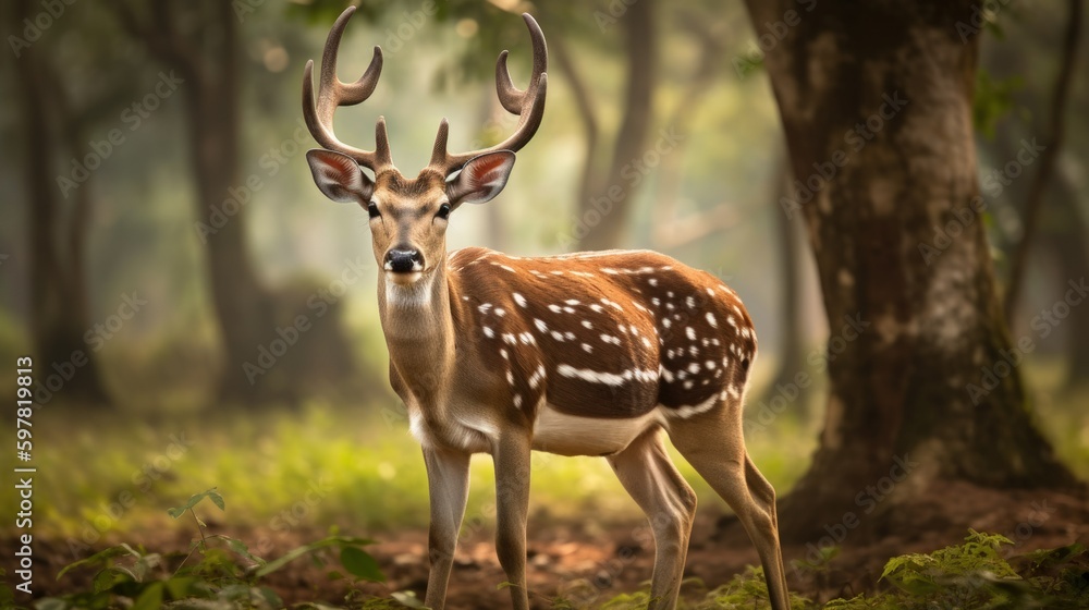 A curious deer in the park. Generative AI illustration. A curious deer in the park. Generative AI illustration.