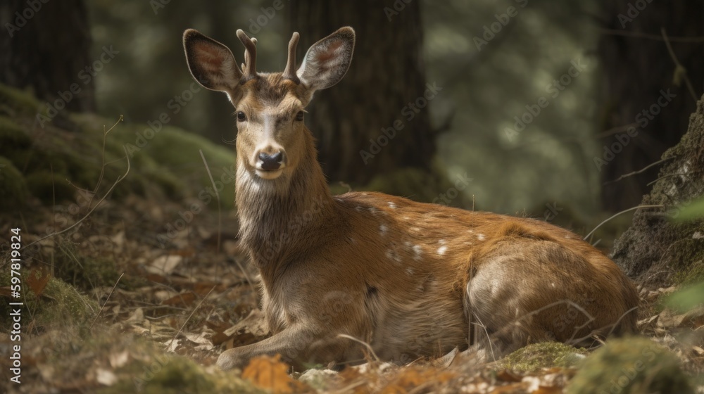 A deer laying and taking rest in the forest. Generative AI illustration. A deer laying and taking rest in the forest. Generative AI illustration.
