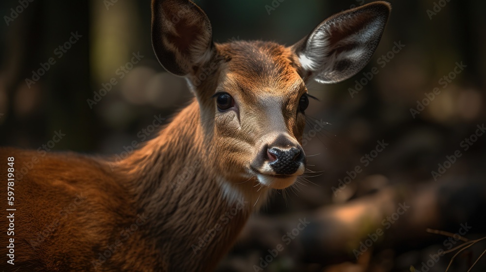 Close-up of a deer in the forest. Generative AI illustration.