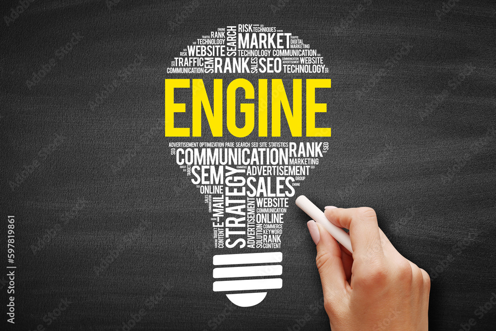 ENGINE bulb word cloud collage, business concept background on blackboard ENGINE bulb word cloud collage, business concept background on blackboard