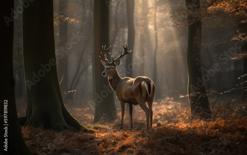 Fotografia A majestic illustration of a deer in the forest. Generative AI.
