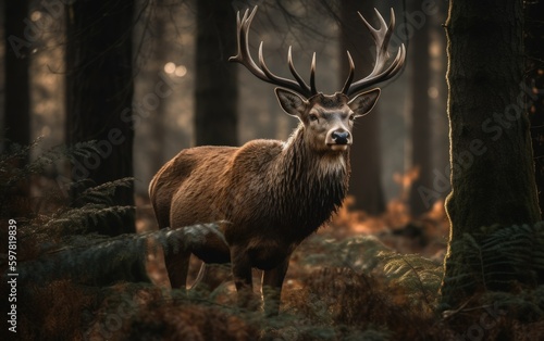A majestic deer peek through the trees in the forest. Generative AI illustration.