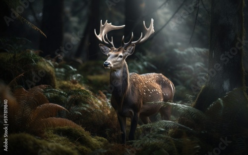 A majestic deer in the woods. Generative AI illustration.
