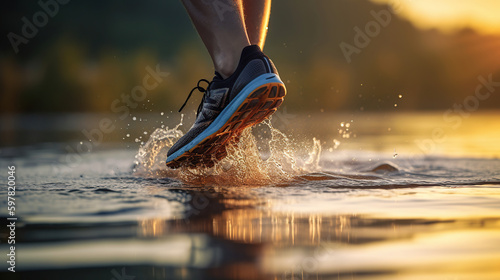 Sport runner feet running on sunset lake closeup on shoe, generative ai