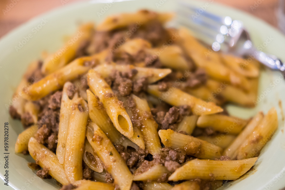 Penne Pasta with Meat Sauce served on plate