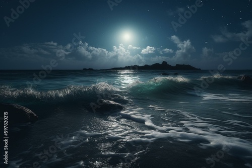 A serene ocean scene with a full moon. Generative AI