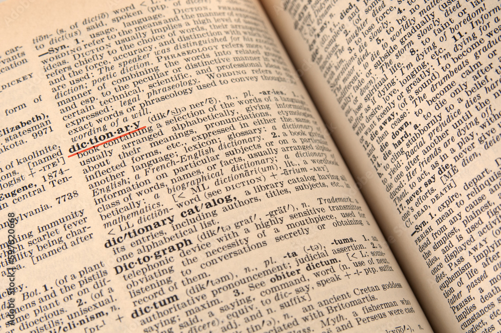 Dictionary page close up with underlined word Dictionary page close up with underlined word