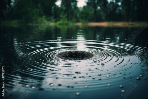 Beautiful circle ripples in the pond with water reflecting the sky and tree. Close-up of rain drops in wet weather. Background nature motion. Generative AI © Caspian