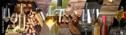 Collage of tasty wine with corks