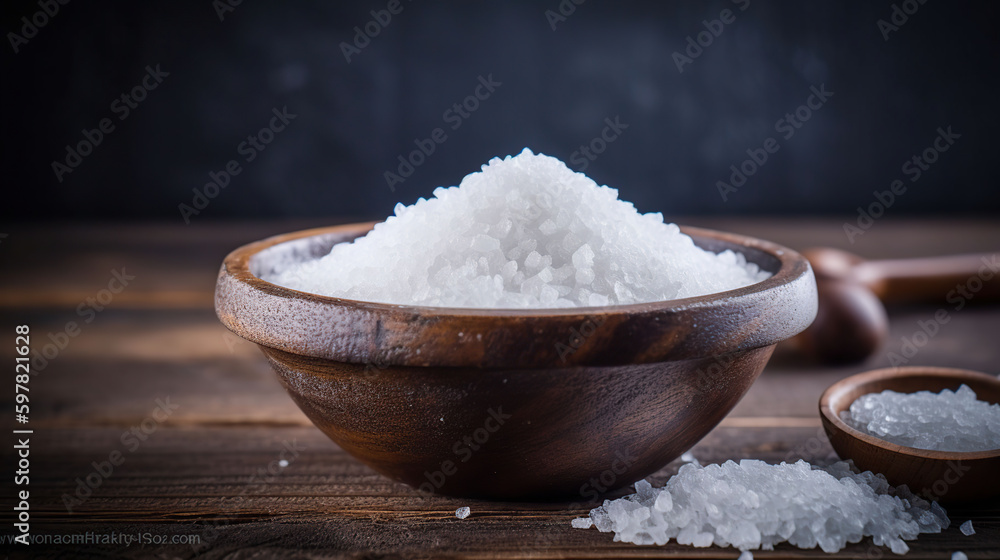 Natural Texture and Flavor: A Bowl of Sea Salt on a Colored Wooden Background, generative ai Natural Texture and Flavor: A Bowl of Sea Salt on a Colored Wooden Background, generative ai