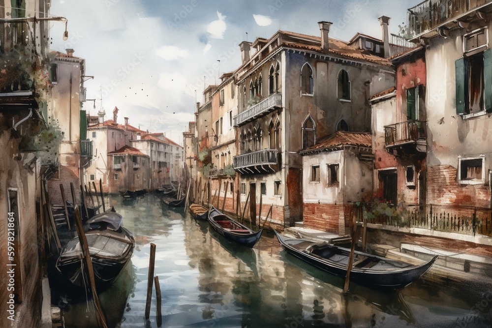 Watercolor painting of Venice, Italy. Generative AI